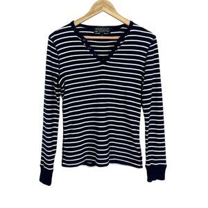 LAUREN JEANS CO. NAVY BLUE STRIPED V-NECK LONG SLEEVE TOP